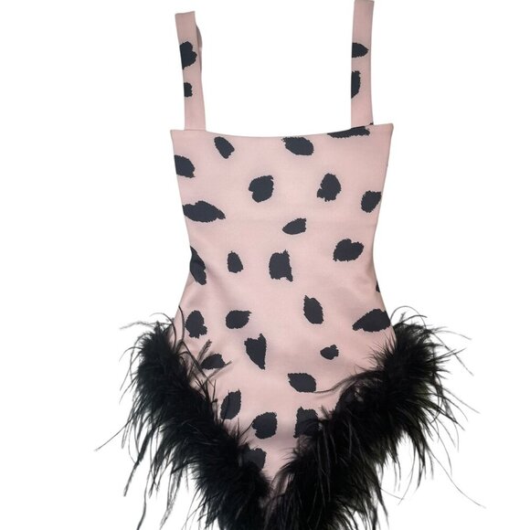 Miscreants Leo Bodysuit Pink Black Feather Trim UK 6 / US 2 NWT - Picture 2 of 8